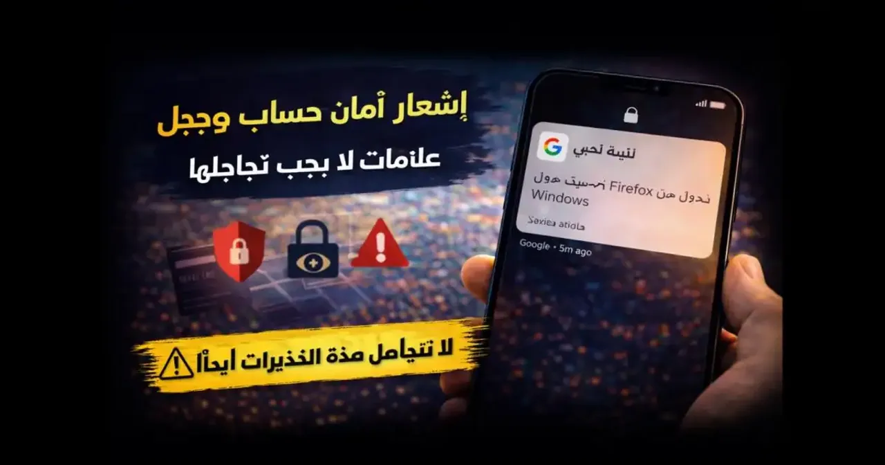 هاتف ذكي يعرض إشعار أمان حساب جوجل حول نشاط غير معتاد
