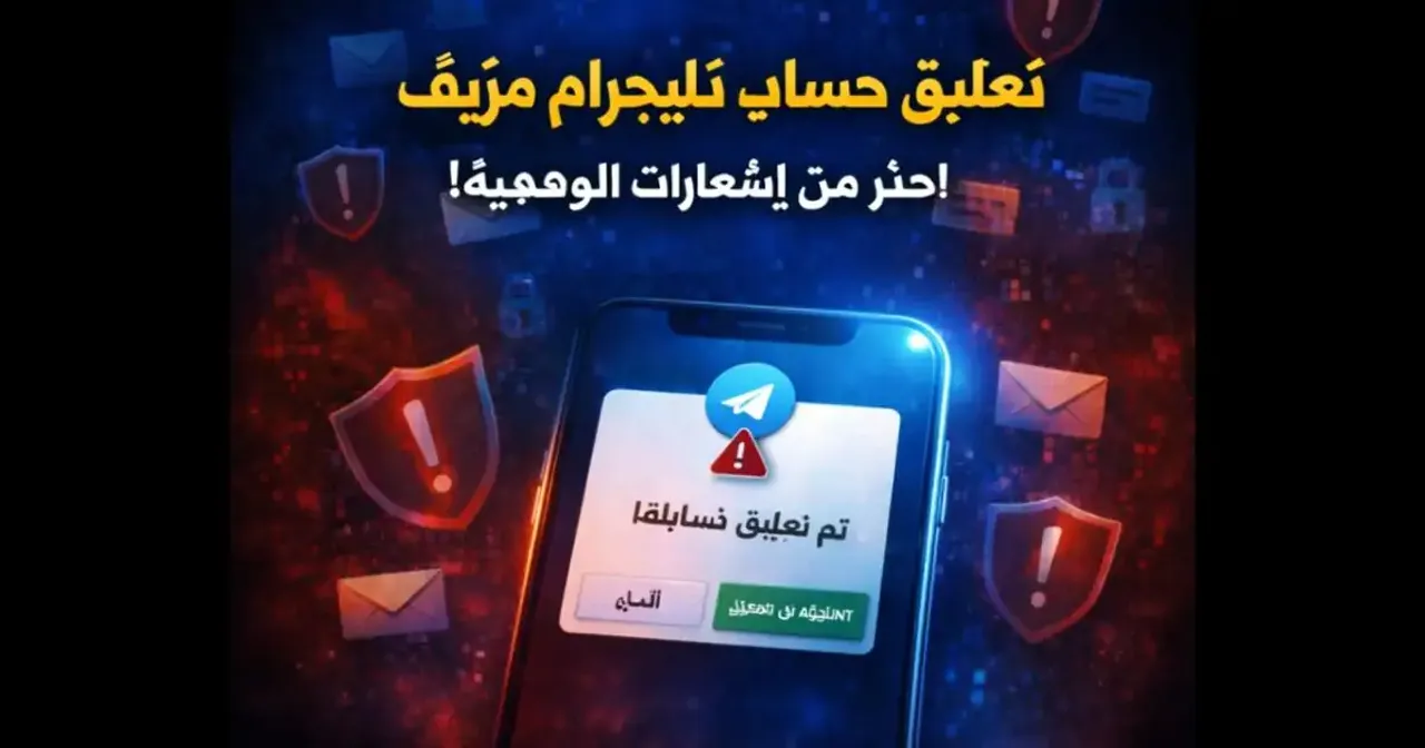 هاتف يعرض رسالة مزيفة تفيد بتعليق حساب تيليجرام