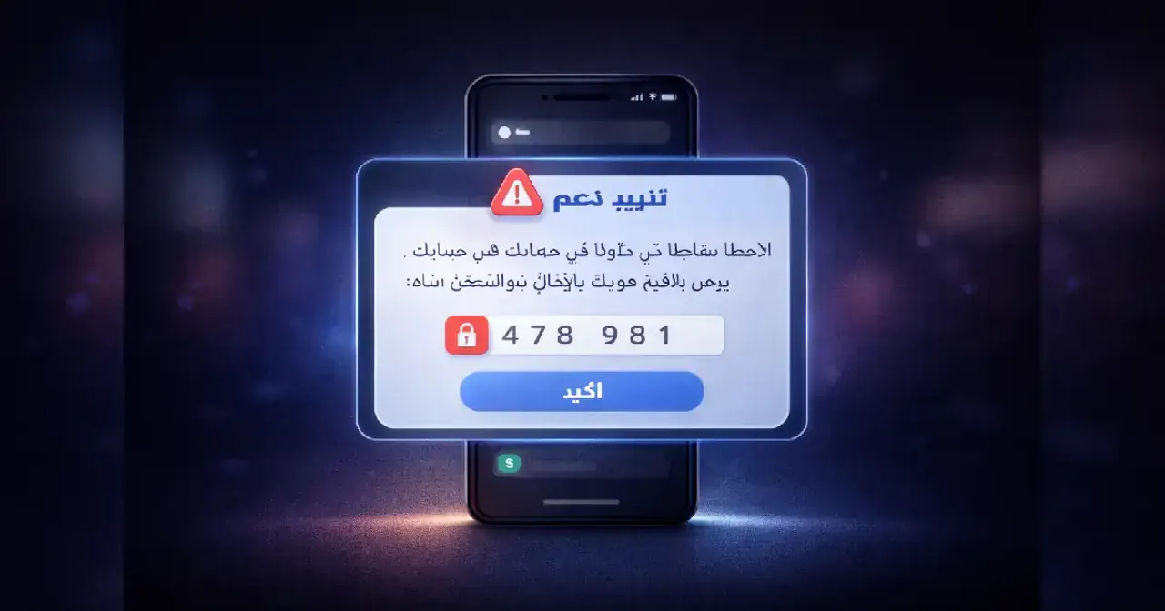 هاتف ذكي يعرض رسالة دعم مزيفة تطلب رمز تحقق داخل واجهة حديثة