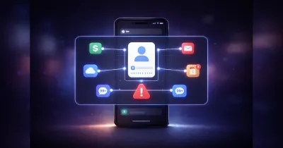Smartphone displaying interconnected digital accounts highlighted as potential targeting points