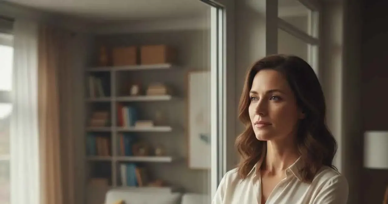 A woman standing between family members and society, symbolizing social pressure and personal choice