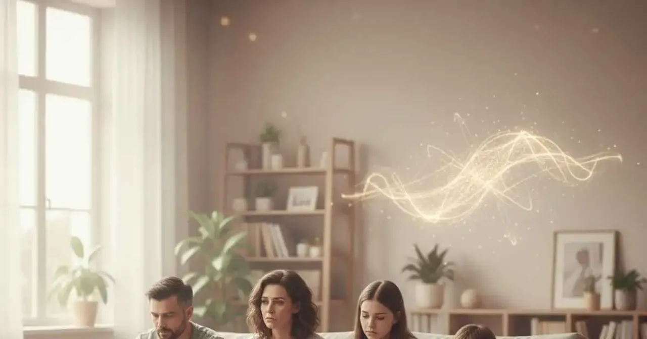 Family sitting together at home with subtle emotional distance, symbolizing value-practice gap