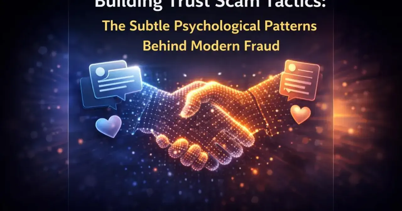 Conceptual image of a digital conversation slowly forming a handshake made of data, symbolizing trust manipulation