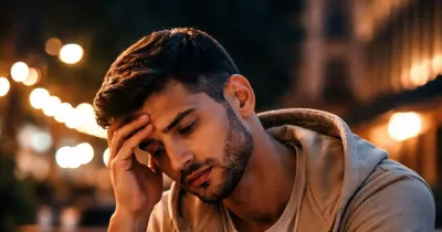 شاب عربي يجلس بمفرده ليلًا ويبدو عليه التعب النفسي