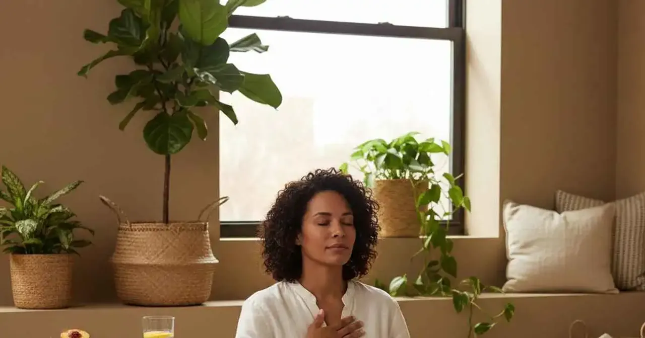 Person practicing calm breathing in a minimalist wellness space with natural light