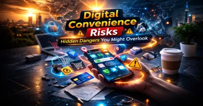 Smartphone with seamless app icons and subtle warning symbols representing digital convenience risks