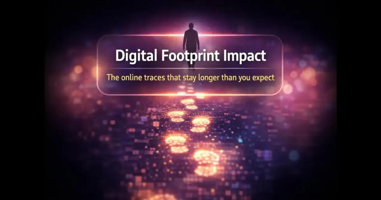 Abstract illustration of a person walking on a glowing digital path representing digital footprint impact