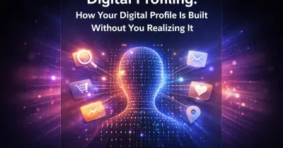 Abstract illustration of digital profiling showing a user silhouette formed by data points and behavioral signals