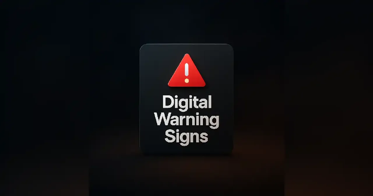 Digital warning sign icon with bold text on dark cinematic background