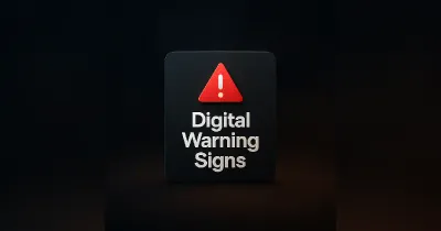 Digital warning sign icon with bold text on dark cinematic background