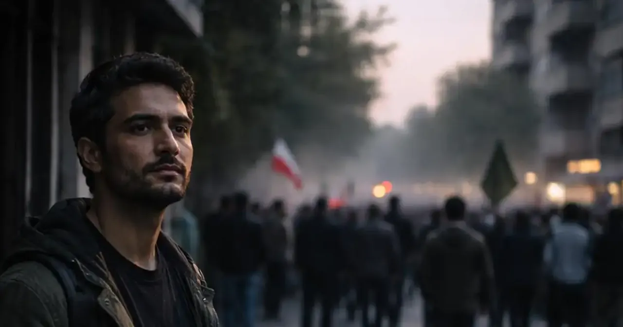 Protester standing in an Iranian street symbolizing political tension
