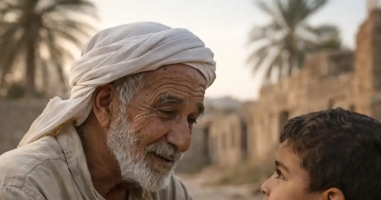 Elderly Arab man sharing stories with a child in a rural setting