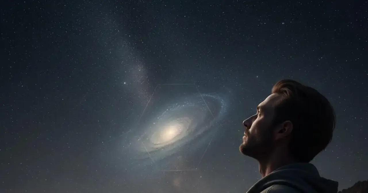 A human reflecting under a vast star-filled universe