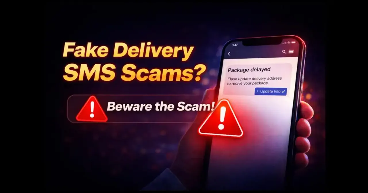 Smartphone displaying a fake delivery SMS about a delayed package