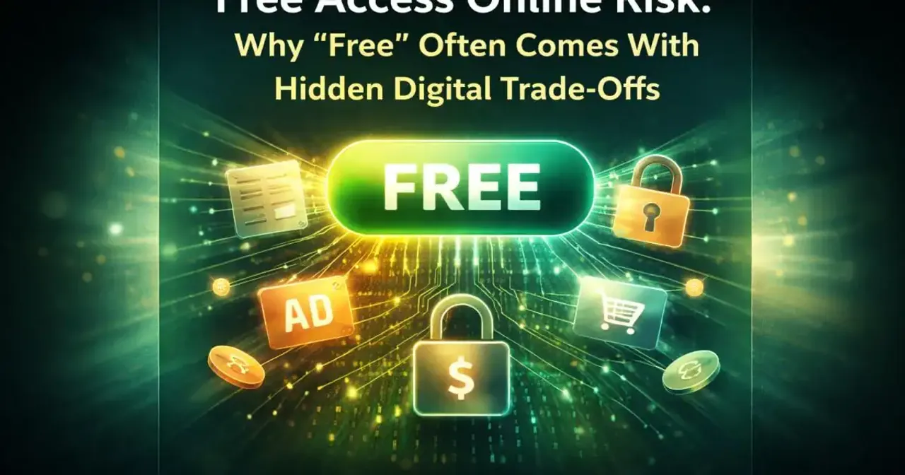 Conceptual illustration showing a free access button connected to data streams and digital trade-offs