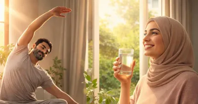 شخص يستمتع بروتين صباحي هادئ مع ضوء الشمس وكوب ماء في المنزل