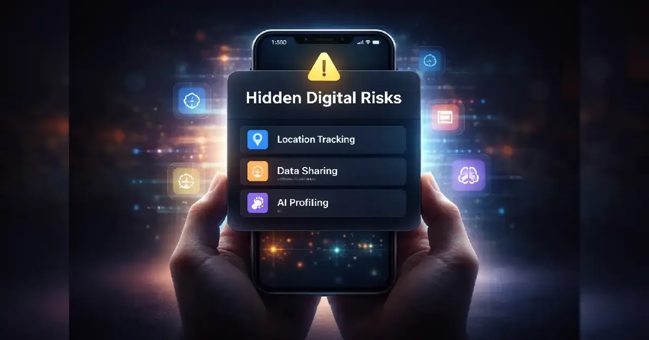 Person using smartphone surrounded by subtle digital data patterns in a dark environment