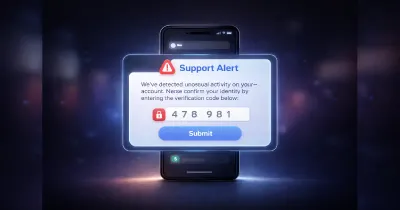Smartphone displaying a fake support message requesting a verification code inside a modern UI panel