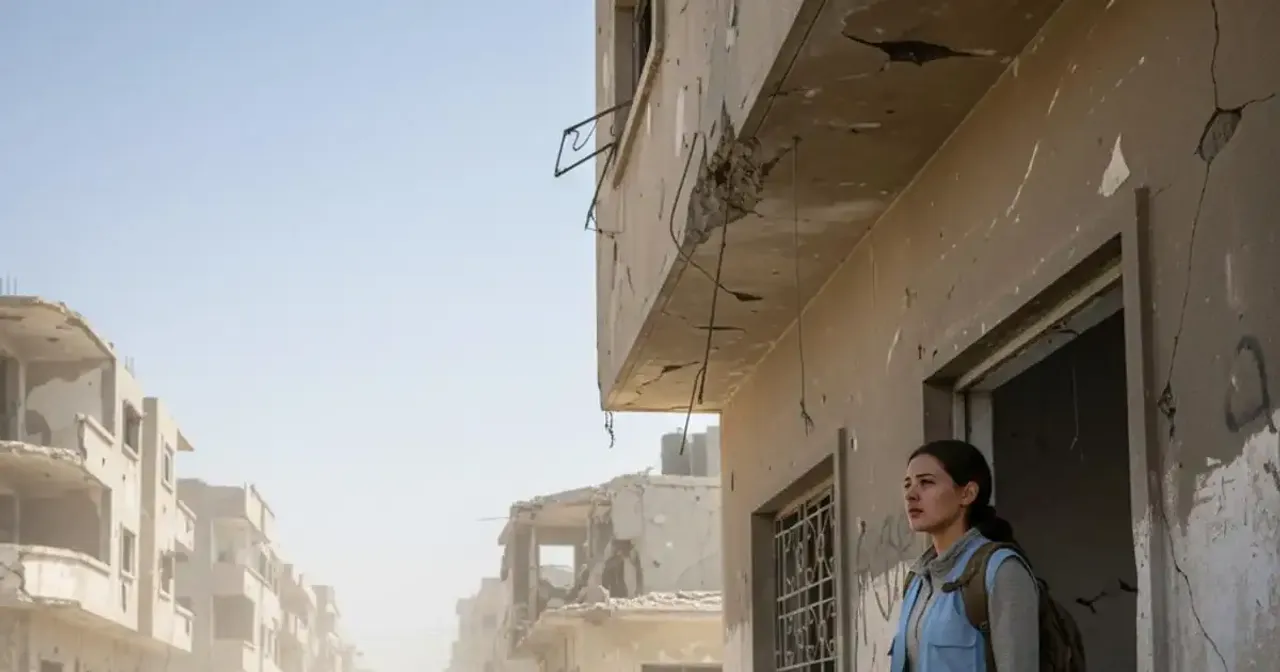 Humanitarian worker near damaged clinic in Gaza