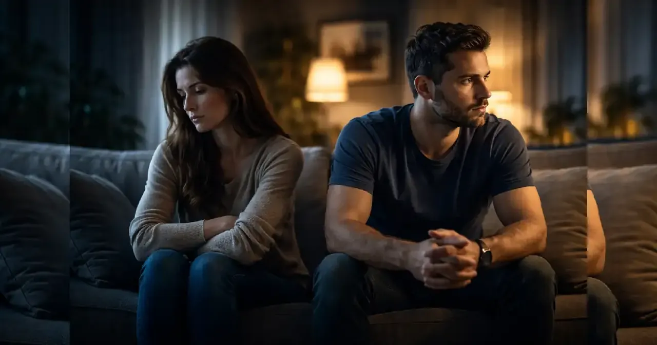 زوجان يجلسان معًا لكن بينهما مسافة عاطفية واضحة