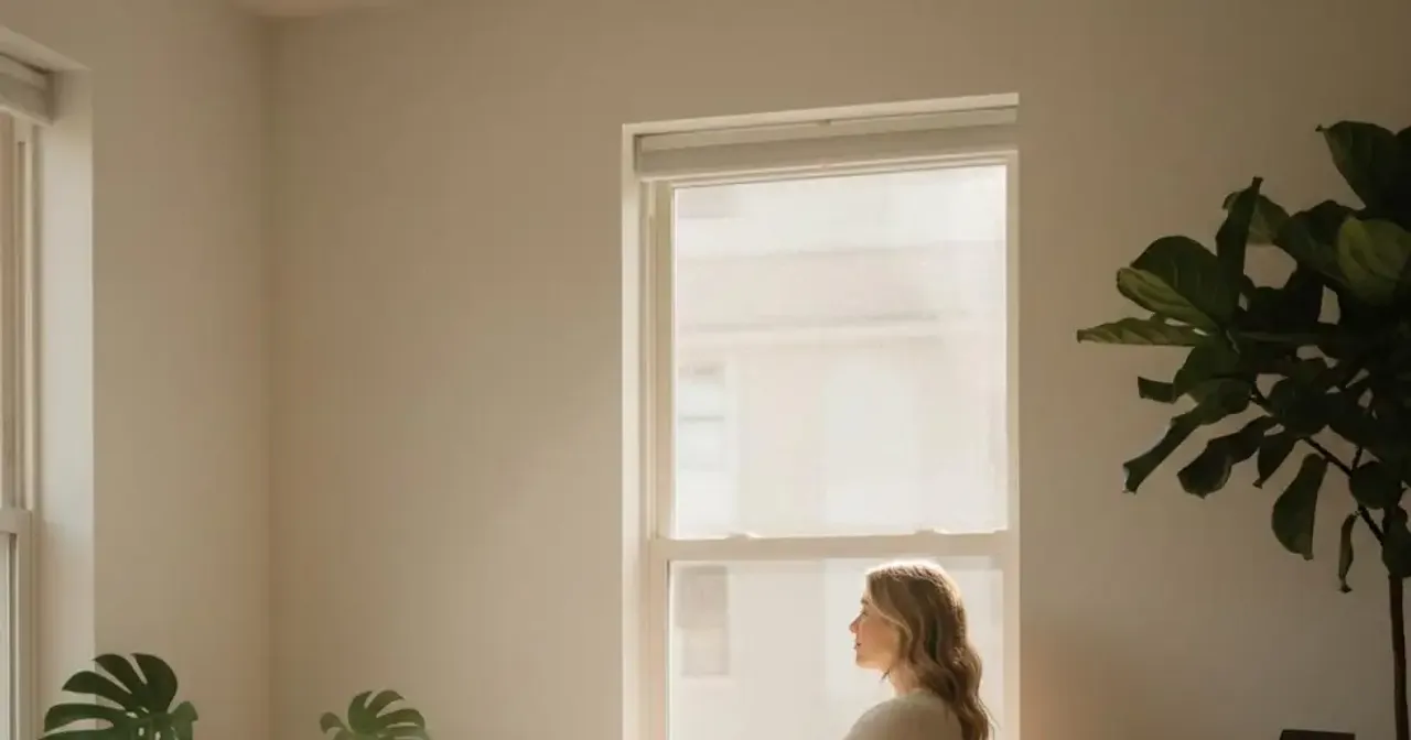 Person sitting calmly near a window in a modern, peaceful home environment with soft natural light and plants
