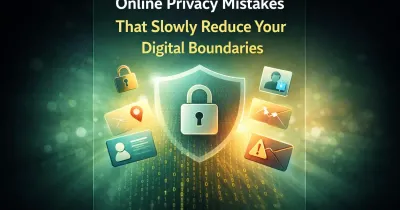 Conceptual illustration of online privacy mistakes showing a digital profile gradually fading into data streams
