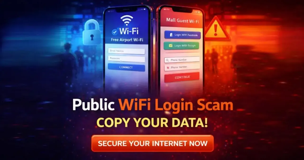 Fake public WiFi login page on smartphone in airport setting