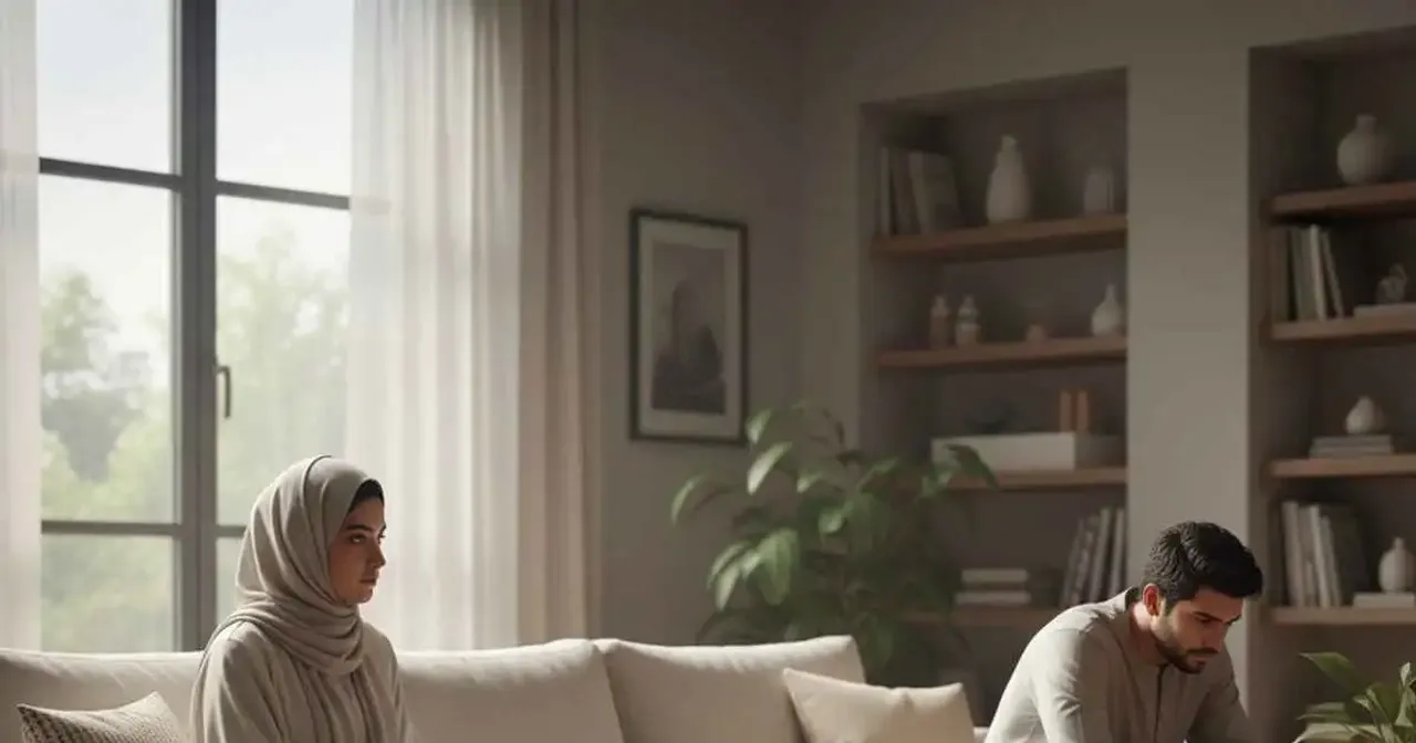 Young married couple sitting apart in a modern home, showing emotional distance and tension