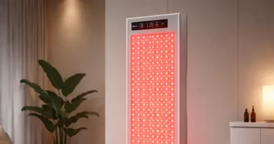 جهاز علاج بالضوء الأحمر في بيئة عافية حديثة بتصميم بسيط وإضاءة هادئة