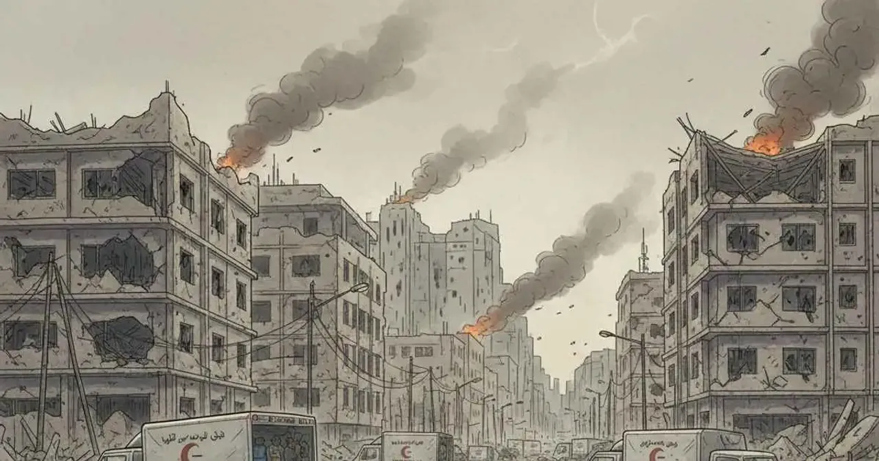 Sudan conflict in Khartoum showing damaged buildings and displaced civilians