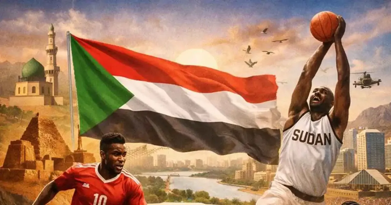 Sudanese athletes training on a dusty field with national colors and city skyline