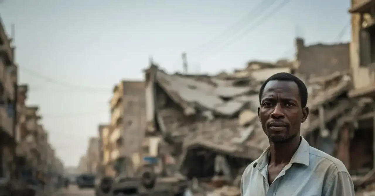 Sudanese civilian amid war-damaged surroundings
