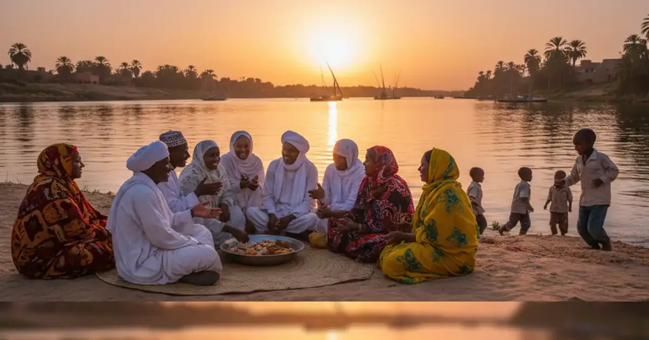 Sudanese family sharing food during a traditional gathering