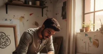 فنان شاب يرسم الخط العربي التقليدي في مرسم حديث بإضاءة طبيعية