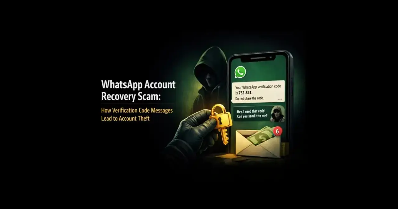 Phone screen showing WhatsApp verification code message and suspicious recovery request