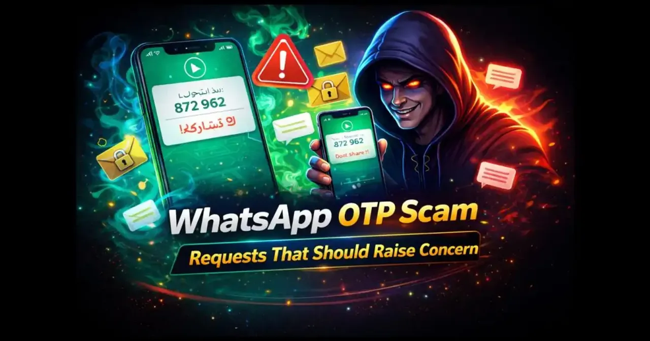 Illustration showing a WhatsApp verification code request being misused in a scam