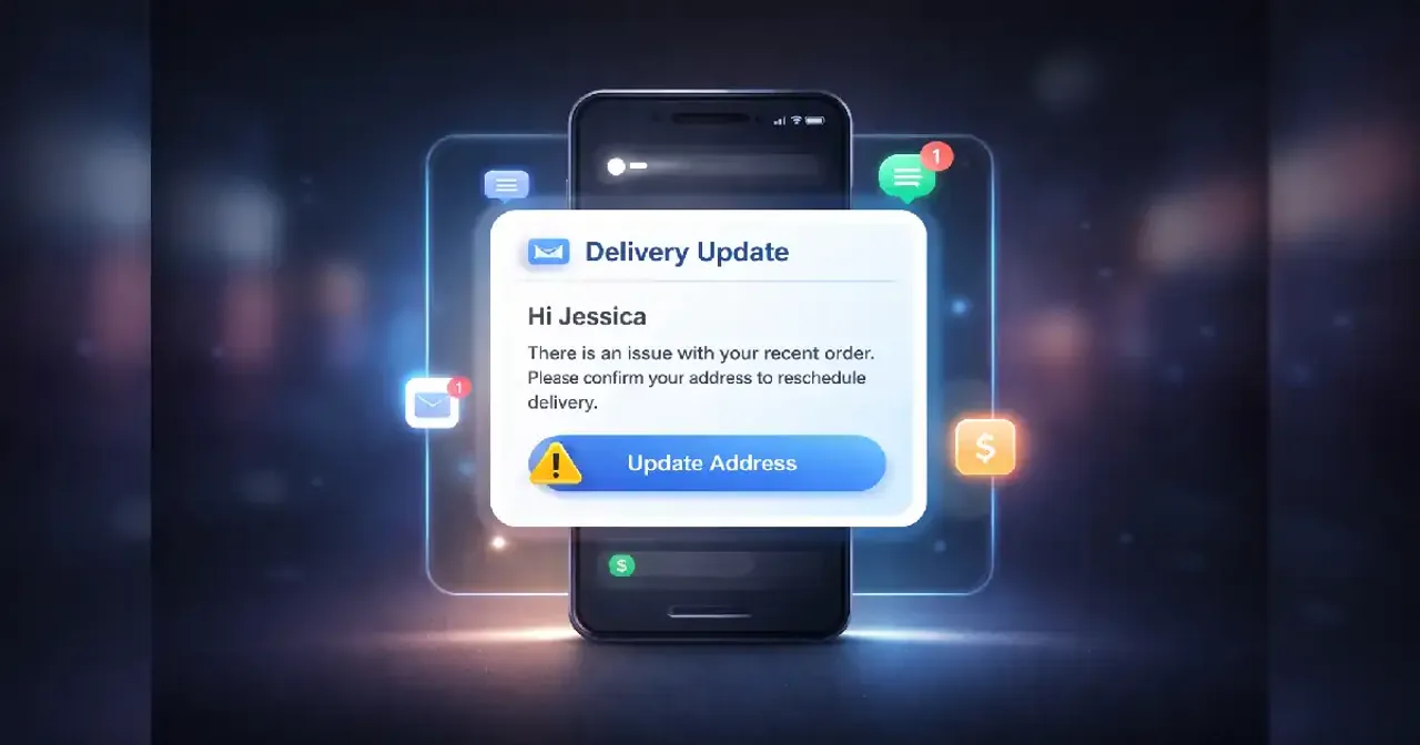 Smartphone displaying a personalized scam message that appears realistic and familiar