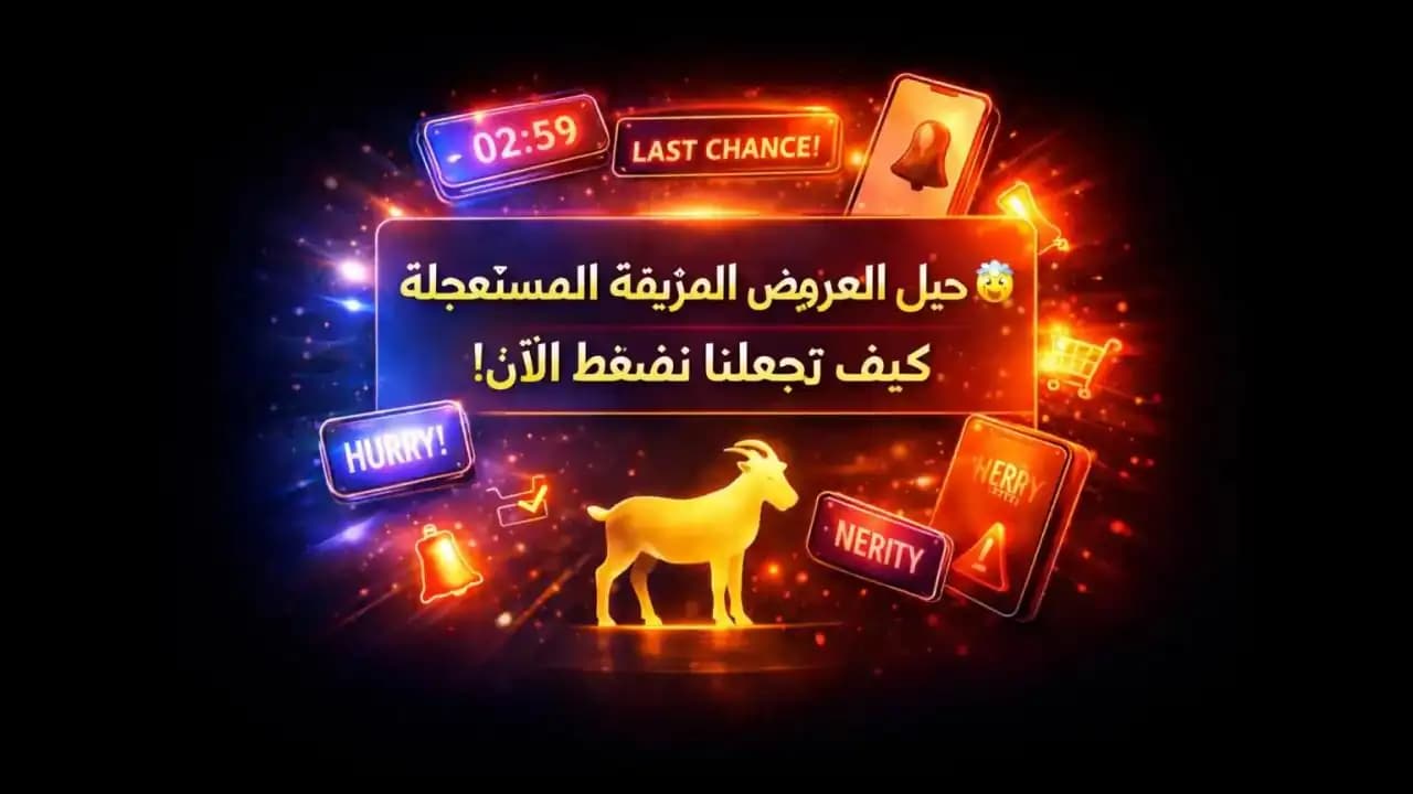 رسم توضيحي مجرد يعبّر عن العروض الرقمية المزيفة والضغط الزمني