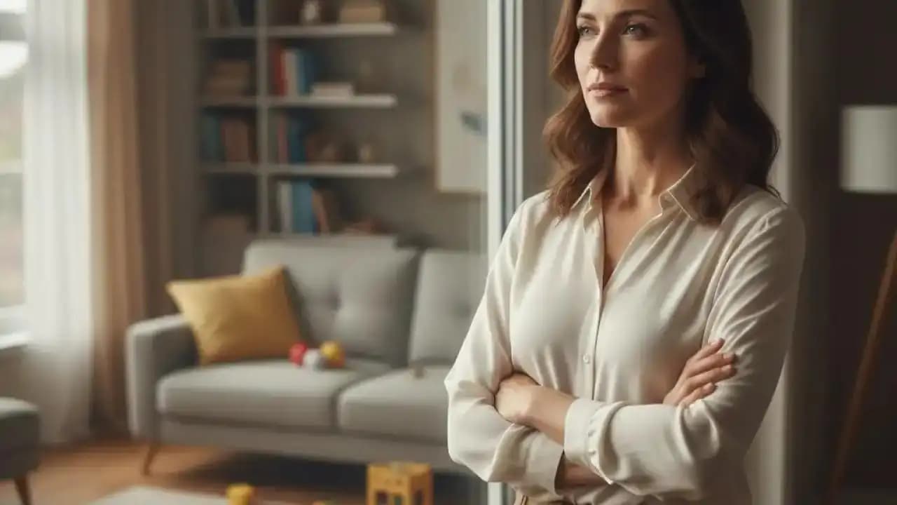 امرأة تقف بين أفراد عائلتها والمجتمع في مشهد يرمز إلى الضغط الاجتماعي