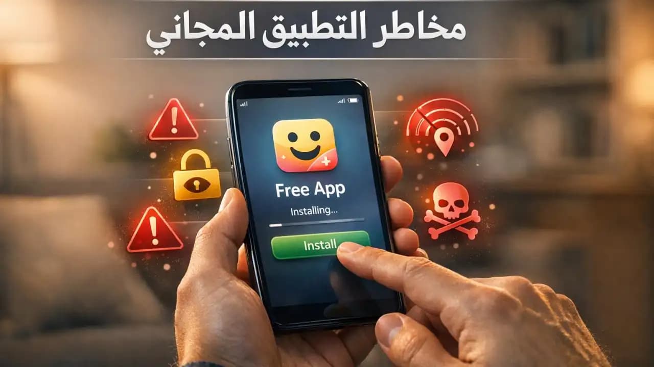 هاتف ذكي يعرض شاشة تثبيت تطبيق مجاني مع رموز تحذير تتعلق بالخصوصية والأمان