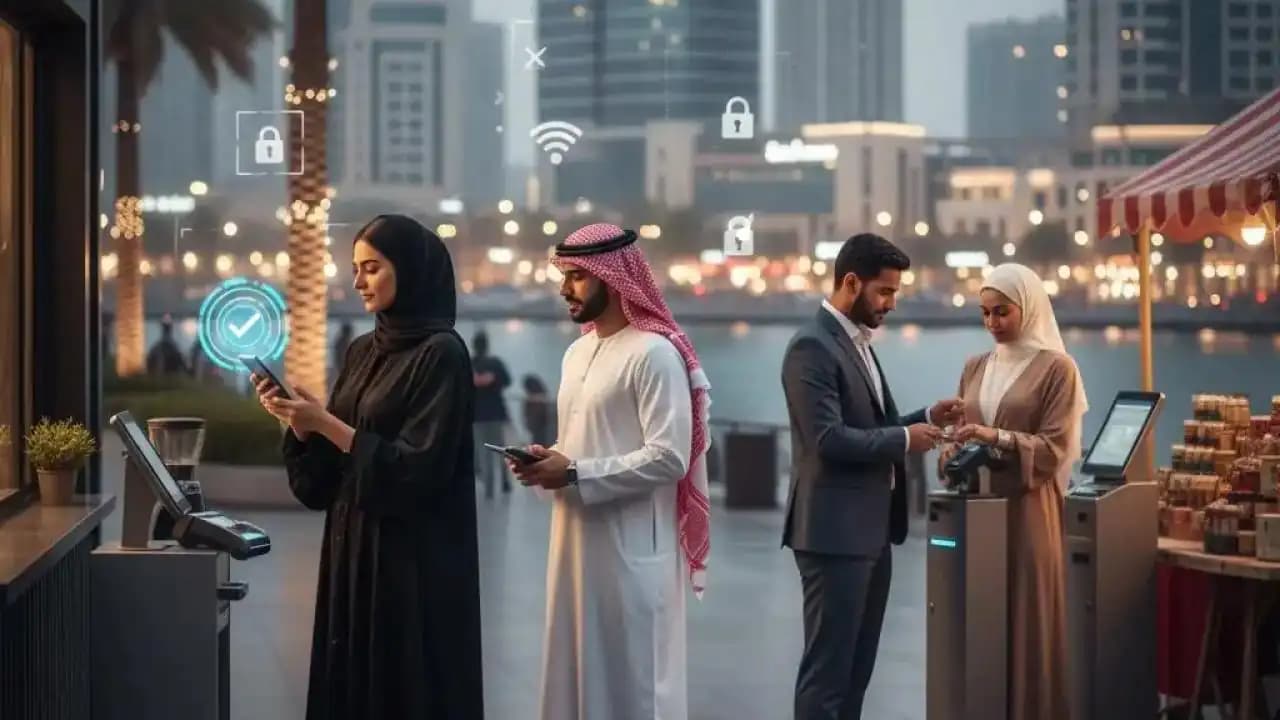 أشخاص في مدينة خليجية يستخدمون الدفع الإلكتروني