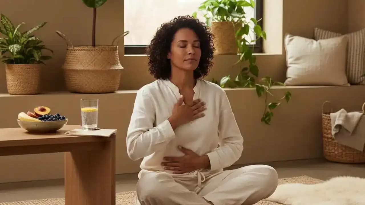 شخص يمارس تنفسًا عميقًا في مساحة هادئة مضاءة بضوء طبيعي