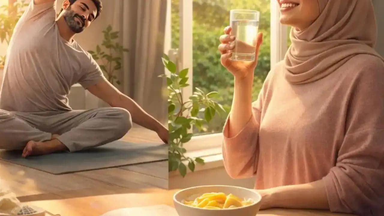 شخص يستمتع بروتين صباحي هادئ مع ضوء الشمس وكوب ماء في المنزل