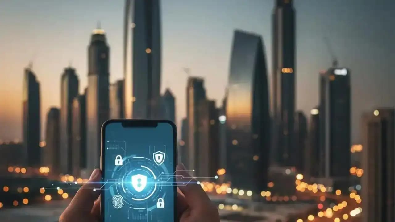 شخص في الخليج يستخدم هاتفًا ذكيًا مع رموز الأمان والخصوصية الرقمية