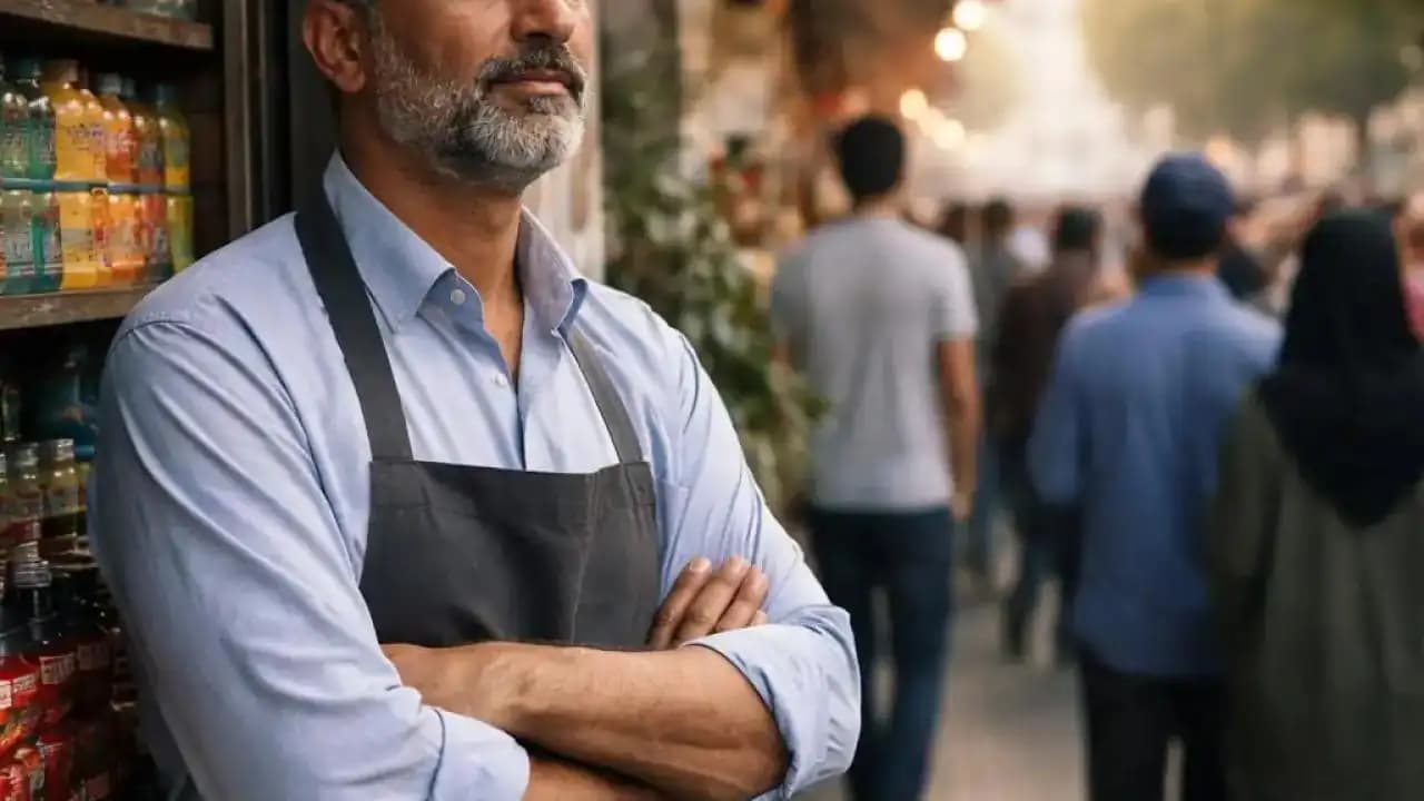 تاجر إيراني ينظر إلى تجمع عام في طهران