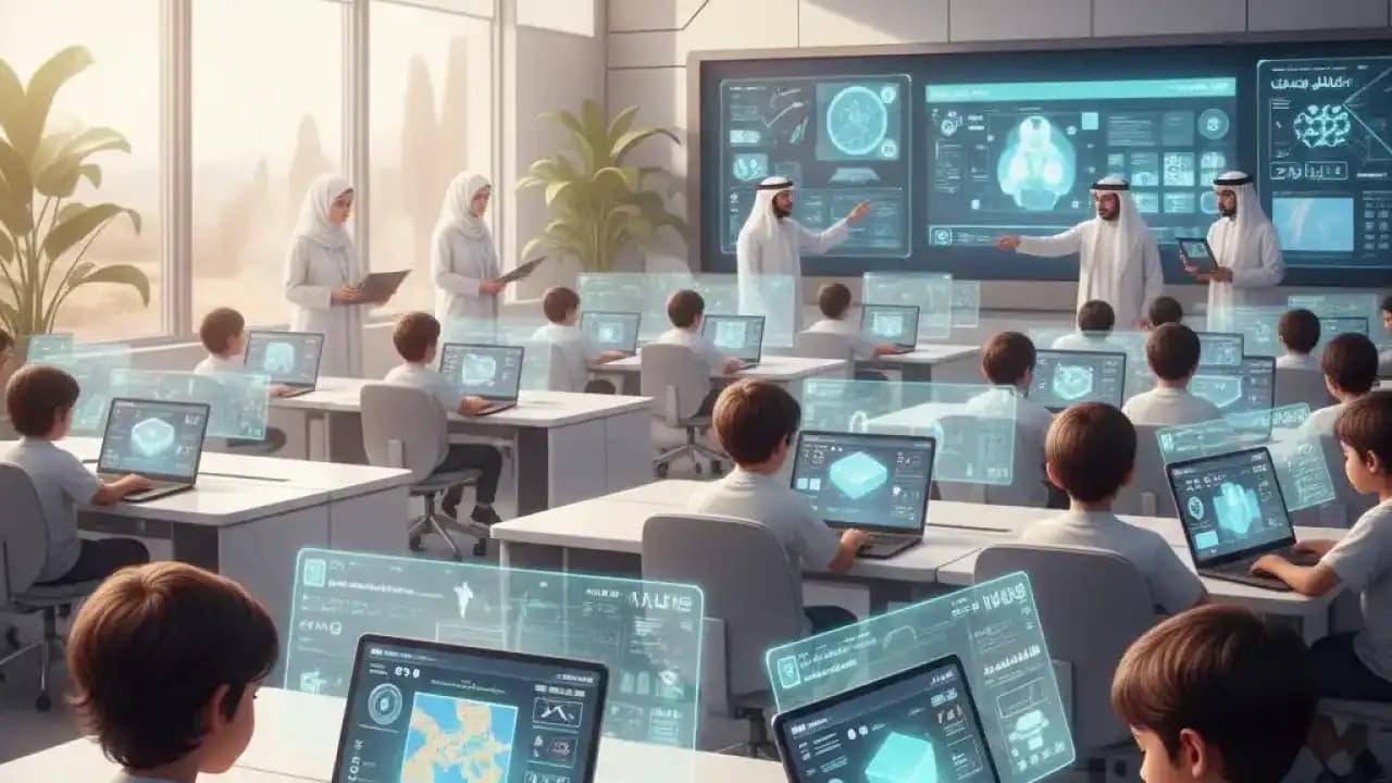 طلاب في السعودية يستخدمون أجهزة رقمية في بيئة تعليمية حديثة عبر الإنترنت