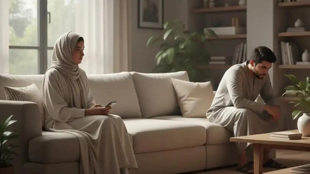 Young married couple sitting apart in a modern home, showing emotional distance and tension