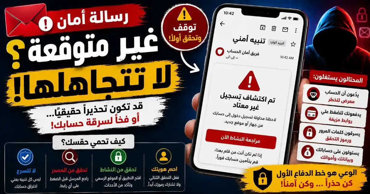 رسالة أمان غير متوقعة تظهر على شاشة هاتف ذكي