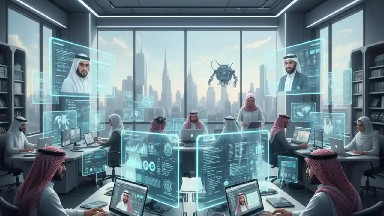 محترفون سعوديون يتعاونون باستخدام أجهزة كمبيوتر محمولة وخرائط رقمية تمثل الصادرات الرقمية