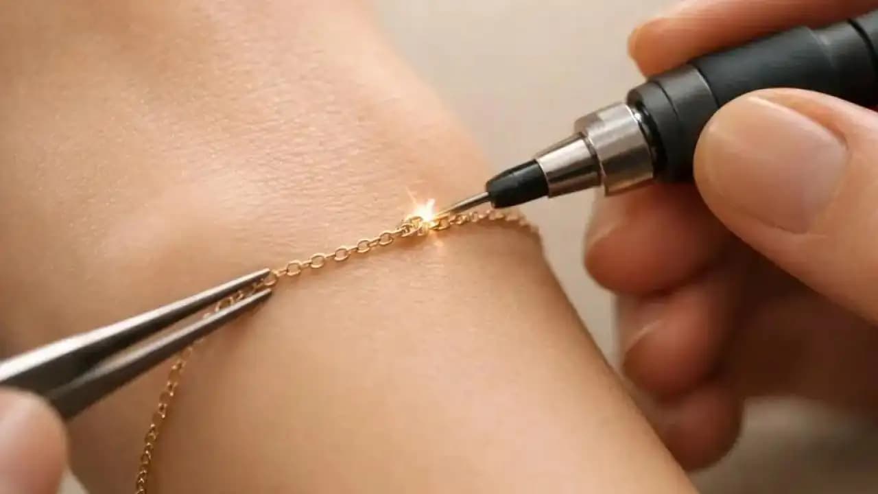 سوار Permanent Jewellery ذهبي يتم تثبيته على المعصم